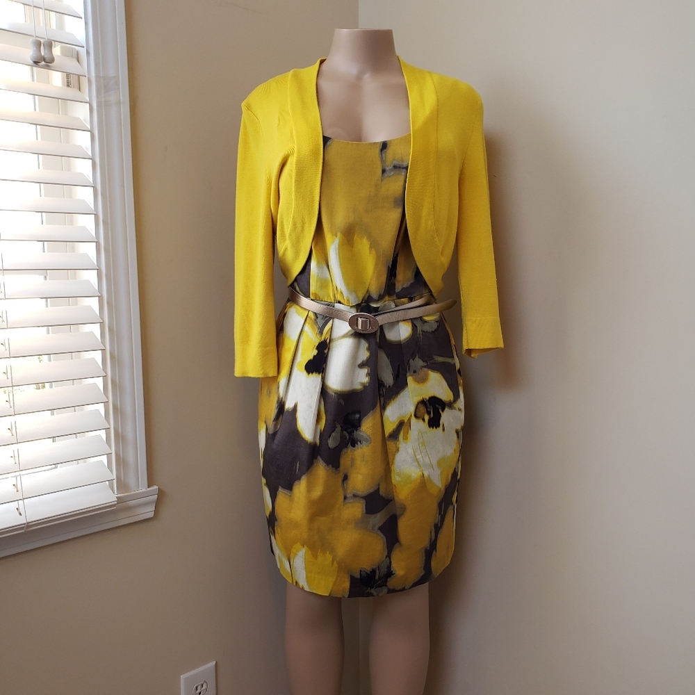 ELIZA J Yellow Springtime Sheath Dress with Belt and Cardigan